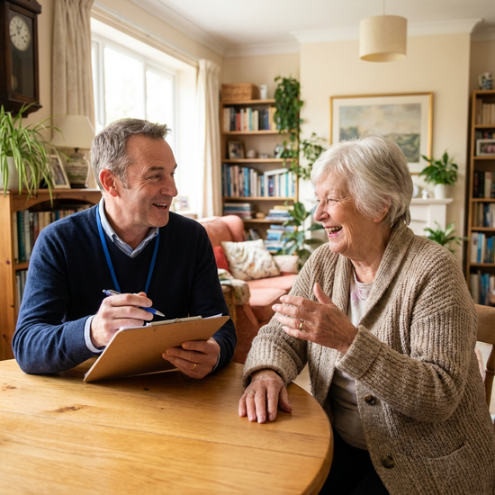Gutachter mit Klemmbrett im freundlichen Gespräch mit Seniorin am Tisch