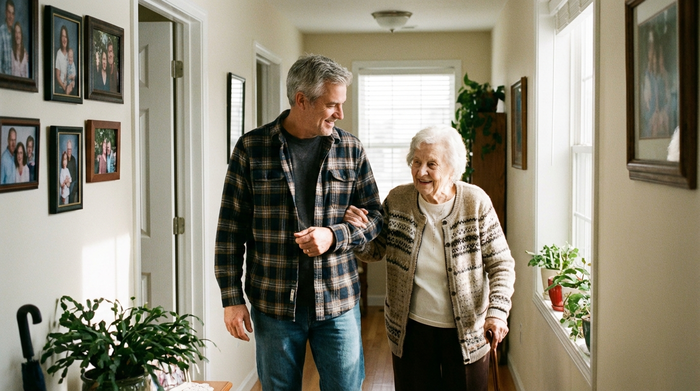 Pflegender Angehöriger hilft Senior beim Gehen im Flur, beide lächeln