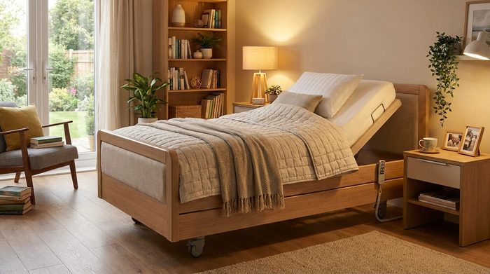 Pflegebett mit verstellbarem Kopfteil im gemütlichen Schlafzimmer