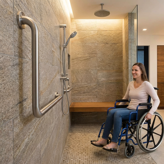 Barrierefreie Dusche mit ebenerdigem Einstieg und stabilem Haltegriff