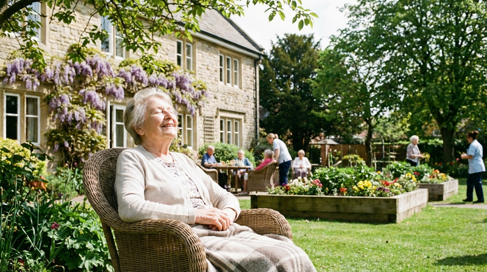 Entspannte ältere Dame genießt die Sonne im Garten einer Einrichtung