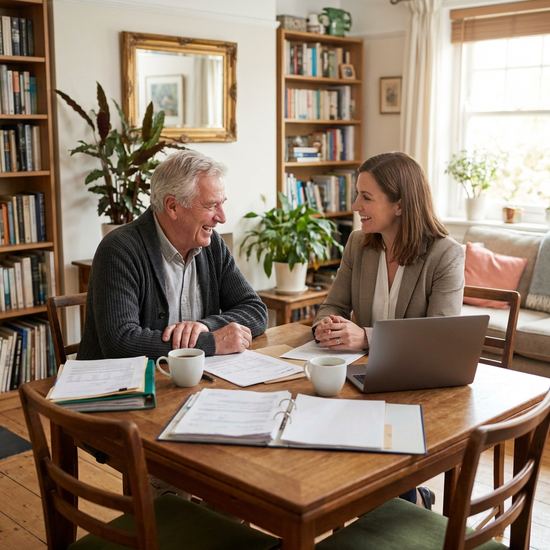 Älterer Herr im Gespräch mit einer freundlichen Gutachterin am Wohnzimmertisch, Unterlagen liegen bereit