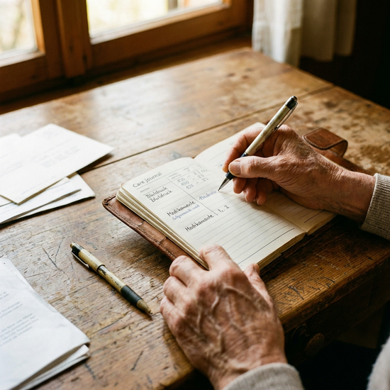 Nahaufnahme von Händen, die ein Pflegetagebuch ausfüllen, Stift und Papier auf Holztisch