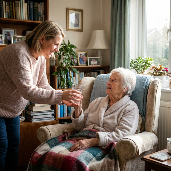 Tochter reicht ihrer Mutter ein Glas Wasser, liebevolle häusliche Pflegeszene