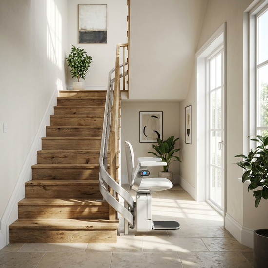 Moderner Treppenlift auf einer Holztreppe in einem hellen Flur