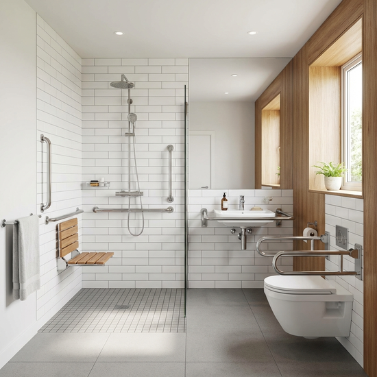 Barrierefreies Badezimmer mit ebenerdiger Dusche und Haltegriffen