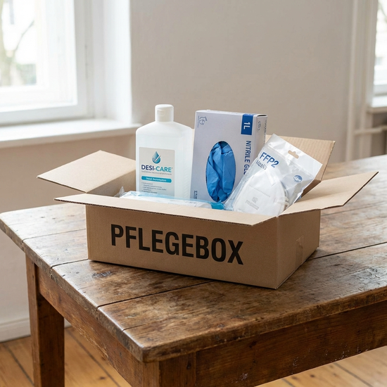 Pflegebox mit Desinfektionsmittel, Handschuhen und Masken auf einem Tisch