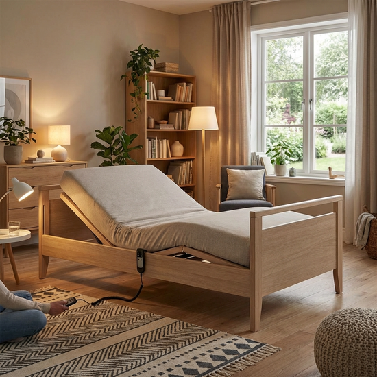 Elektrisches Pflegebett mit Fernbedienung in einem wohnlichen Schlafzimmer