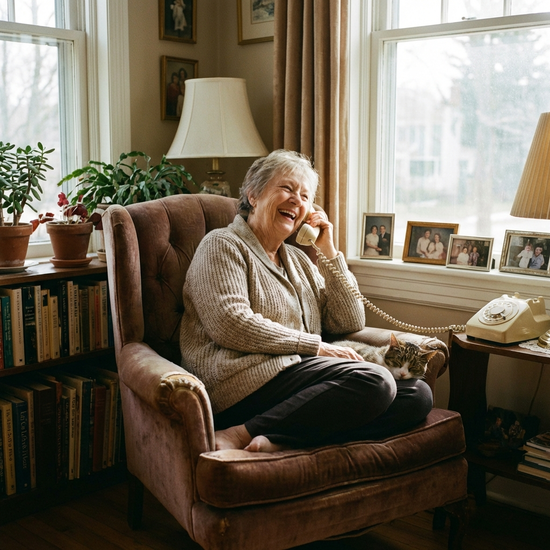 Ältere Dame telefoniert entspannt vom Sessel aus