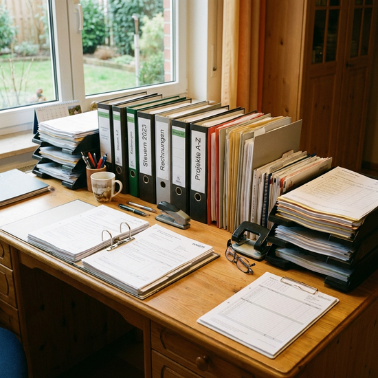 Ordner mit sortierten Unterlagen und Formularen auf einem Schreibtisch