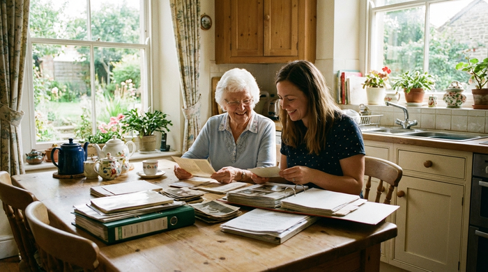 Ältere Dame und jüngere Frau sitzen am Küchentisch und sortieren Dokumente