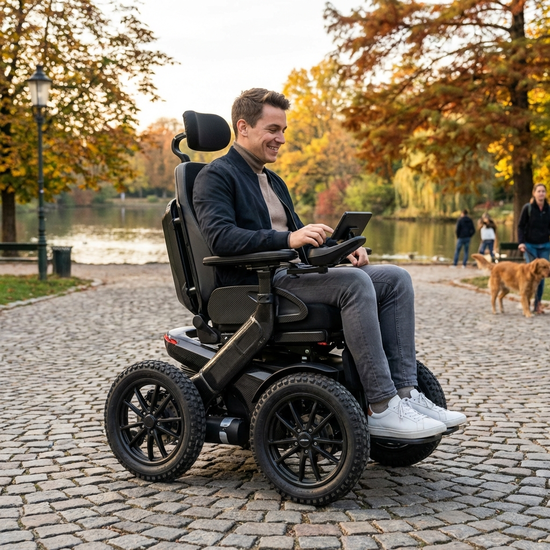 Moderner elektrischer Rollstuhl auf einem gepflasterten Weg im Park