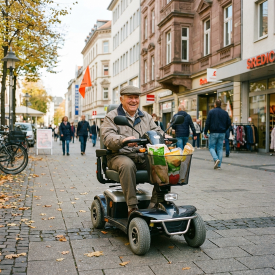Senior auf einem Elektromobil während einer Fahrt auf dem Gehweg