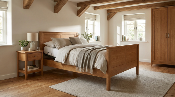 Höhenverstellbares Pflegebett in wohnlicher Schlafzimmerumgebung mit Holzdekor