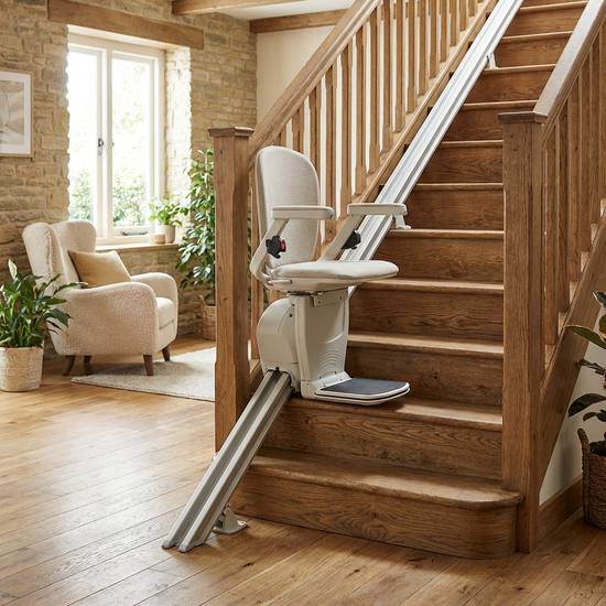 Treppenlift an einer geraden Holztreppe im Innenbereich