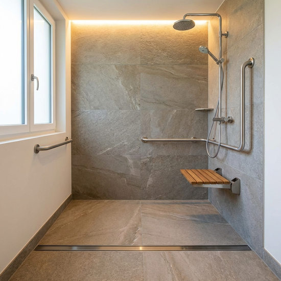 Barrierefreie, ebenerdige Dusche mit Haltegriff und Duschsitz