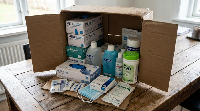 Offener Karton mit Pflegehilfsmitteln wie Handschuhen und Desinfektionsmittel auf einem Tisch