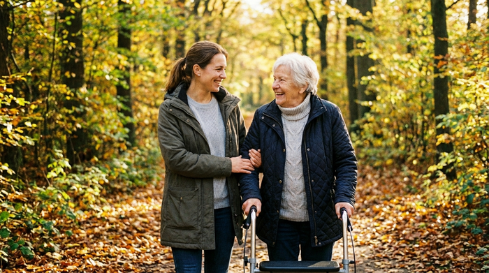 Pflegerin und Seniorin beim gemeinsamen Spaziergang im Grünen, beide lächeln
