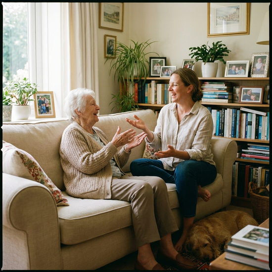 Seniorin und Tochter sitzen gemeinsam entspannt auf dem Sofa und unterhalten sich