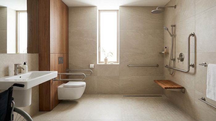 Modernes barrierefreies Badezimmer mit ebenerdiger Dusche und Haltegriffen