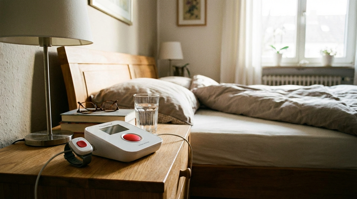 Hausnotruf-Gerät steht griffbereit auf einem Nachttisch