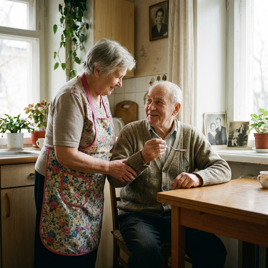 Älterer Herr wird liebevoll von seiner Ehefrau am Küchentisch unterstützt