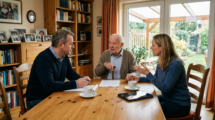 Gutachter im Gespräch mit Senior und Angehöriger am Wohnzimmertisch