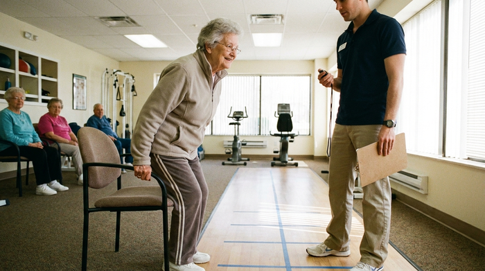 Seniorin bei einer Bewegungsübung zur Feststellung der Mobilität