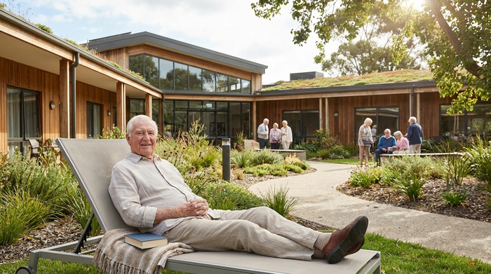 Senior sitzt entspannt im Garten einer modernen Pflegeeinrichtung