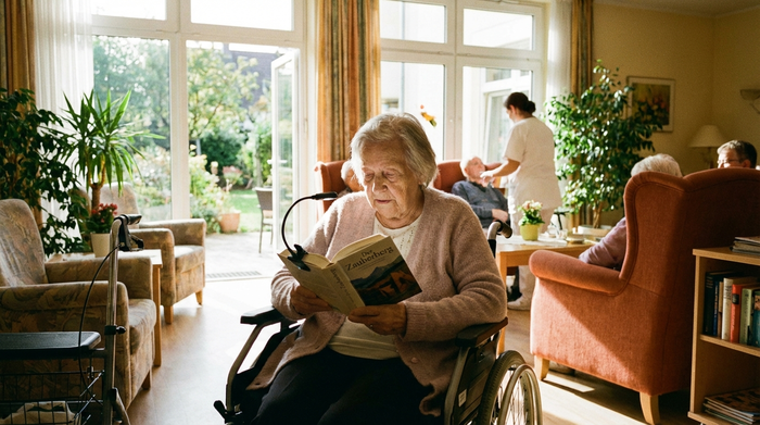 Pflegebedürftige Dame liest Buch in einem hellen Aufenthaltsraum