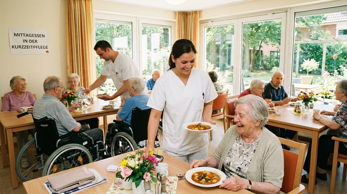 Freundliches Pflegepersonal serviert Mittagessen in der Kurzzeitpflege