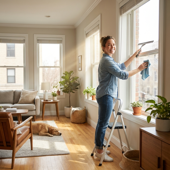 Freundliche Haushaltshilfe putzt Fenster in einer hellen Wohnung