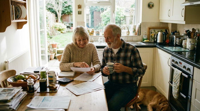 Älteres Ehepaar prüft entspannt Unterlagen am Küchentisch