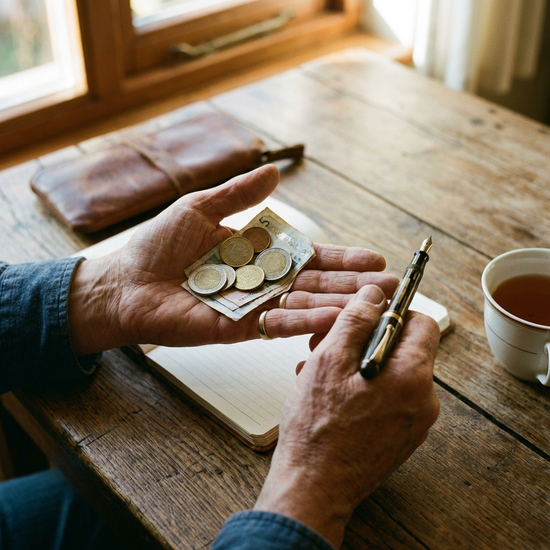 Hände halten Münzgeld und Stift