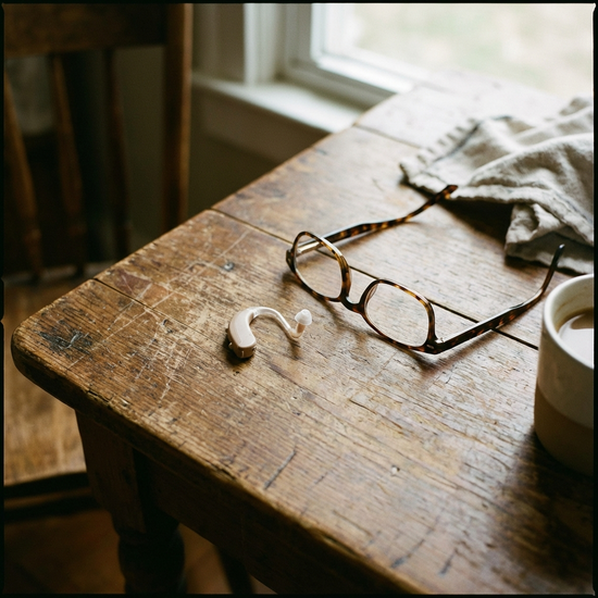 Hörgerät liegt auf Holztisch neben Brille