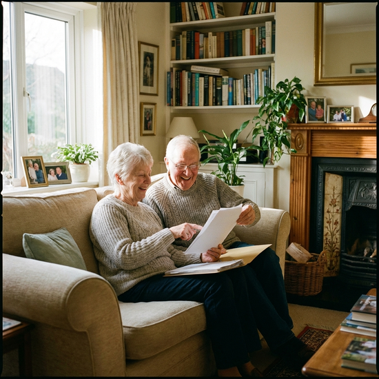 Älteres Ehepaar sitzt entspannt auf dem Sofa im Wohnzimmer und bespricht lächelnd Unterlagen