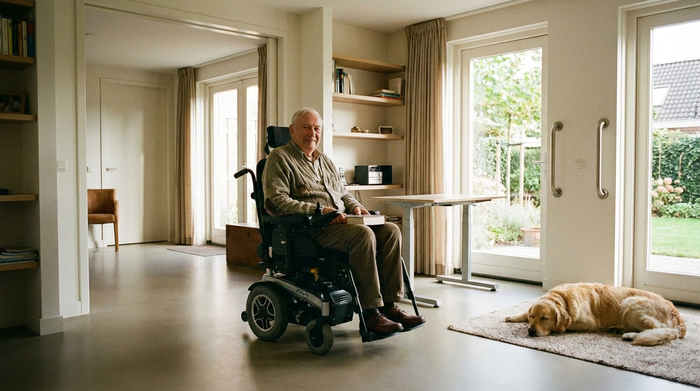 Älterer Herr sitzt im Rollstuhl in einem barrierefreien Wohnzimmer