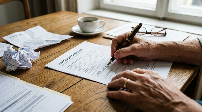 Nahaufnahme von Händen, die ein Antragsformular am Tisch ausfüllen