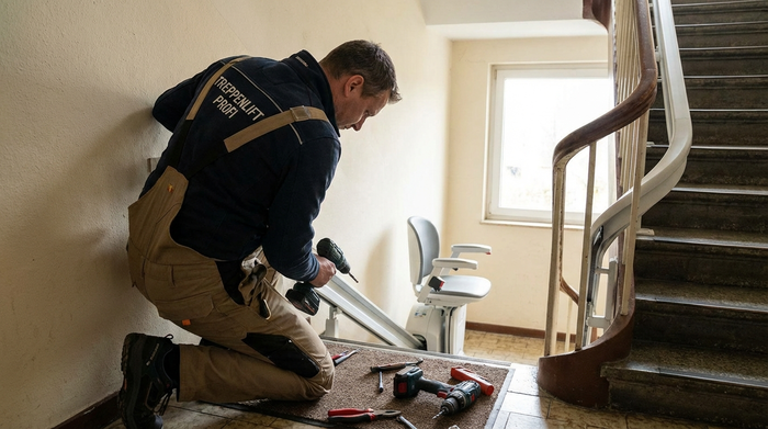 Techniker in Arbeitskleidung montiert sorgfältig einen Treppenlift an der Wand