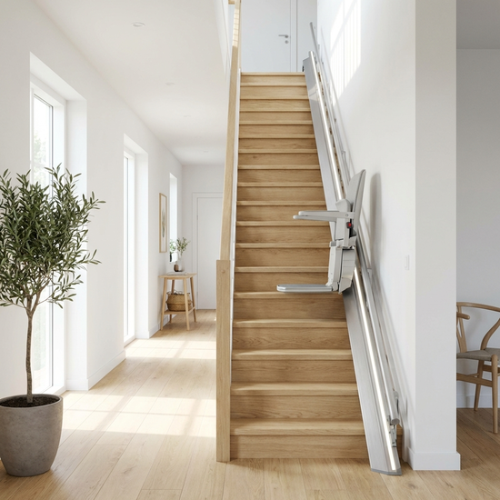 Moderner Treppenlift auf einer geraden Holztreppe in hellem Flur