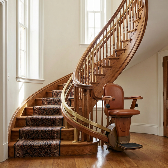 Eleganter Treppenlift, der eine kurvige Treppe hinauffährt, Maßanfertigung