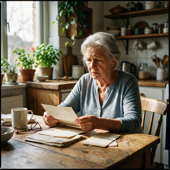 Ältere Dame sitzt am Küchentisch und hält einen Brief in der Hand, ihr Gesichtsausdruck ist besorgt und nachdenklich