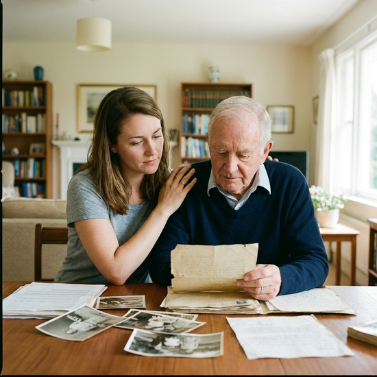 Eine jüngere Frau legt einem älteren Herrn tröstend die Hand auf die Schulter, während beide auf Papiere schauen