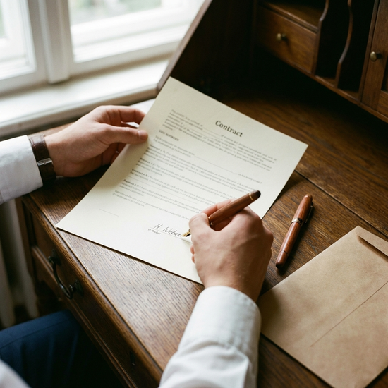 Hände einer Person, die ein Dokument unterschreibt, daneben ein Kugelschreiber und ein Briefumschlag