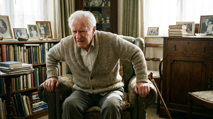 Senior versucht mühsam aus einem Sessel aufzustehen, stützt sich schwer auf die Armlehnen ab