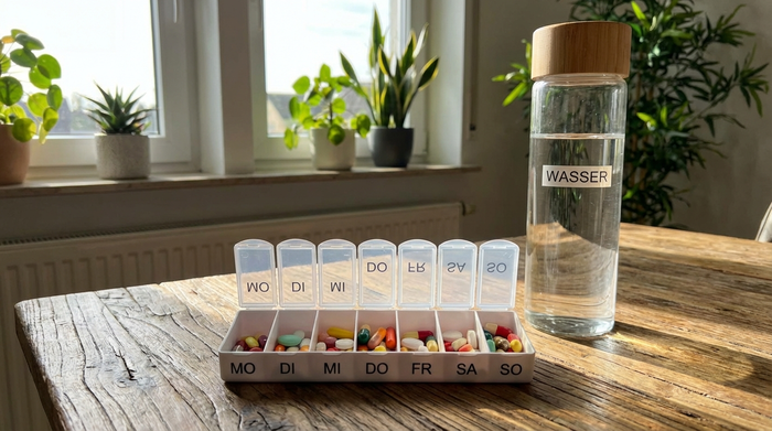 Medikamentendispenser mit bunten Tabletten steht auf einem Tisch, daneben eine Wasserflasche