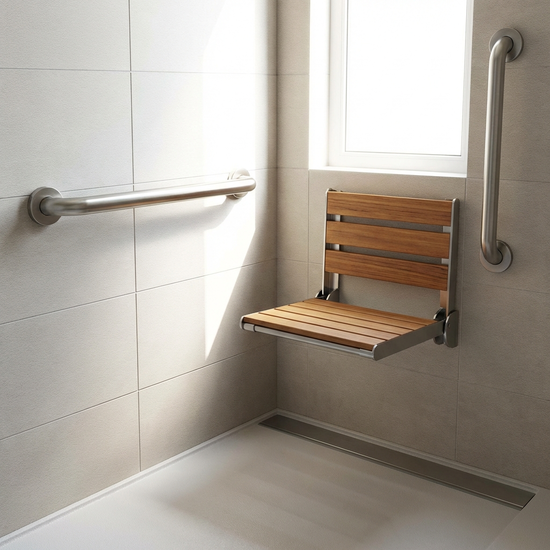 Barrierefreie Dusche mit Haltegriff an der Wand und einem Duschklappsitz
