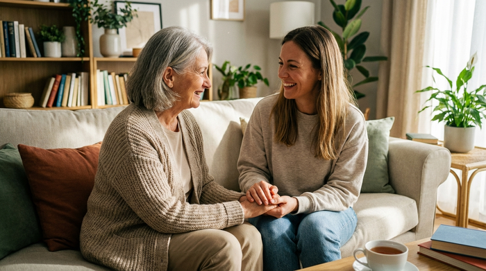 Seniorin und Tochter sitzen entspannt auf dem Sofa und lächeln sich an, Erleichterung ist sichtbar