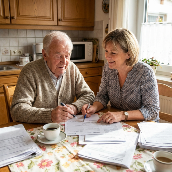 Freundliche Sachbearbeiterin oder Angehörige hilft älterem Herrn beim Ausfüllen von Formularen am Küchentisch