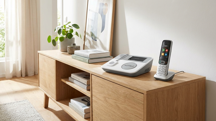 Hausnotruf-Basisstation auf einer modernen Kommode neben einem Telefon